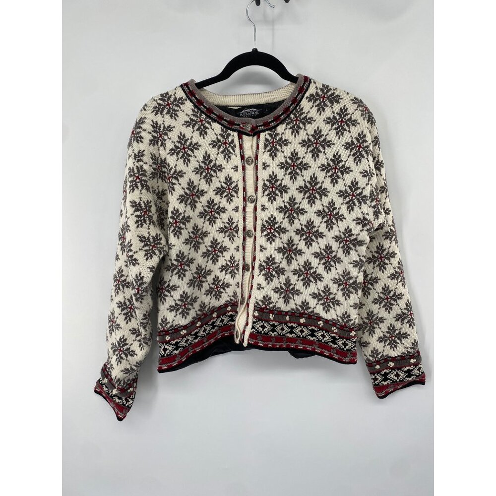 ICELANDIC DESIGN BUTTON FRONT LINED WINTER PEWTER CADIGAN SWEATER LARGE